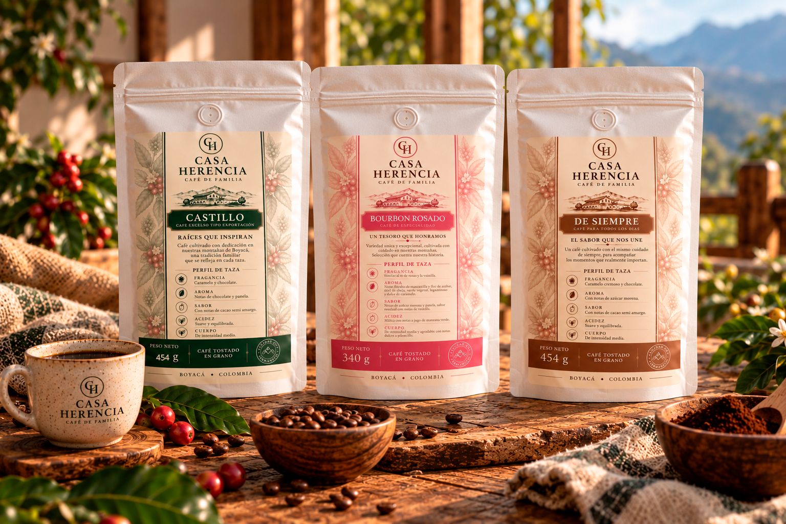 Los tres cafés Casa Herencia: Castillo, Bourbon Rosado y De Siempre, sobre una mesa de madera con vista a las montañas