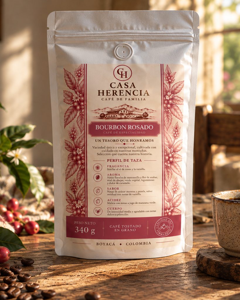 Bolsa de café Bourbon Rosado de 340 g sobre una mesa de madera