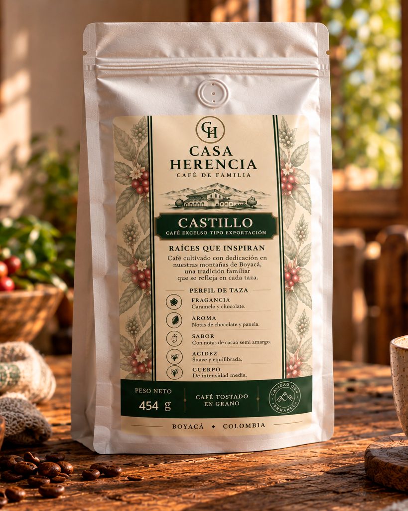 Bolsa de café Castillo de 454 g sobre una mesa de madera