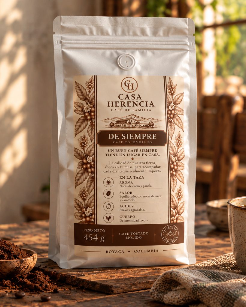 Bolsa de café De Siempre de 454 g, molido, junto a una taza