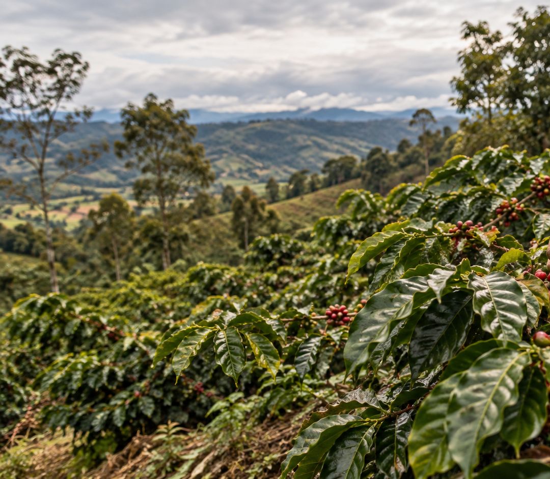 Montañas cafeteras cubiertas de cafetales bajo un cielo nublado