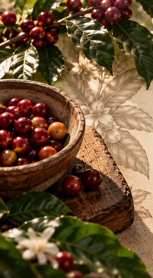 Cerezas de café en un cuenco de madera y ramas con flor de café