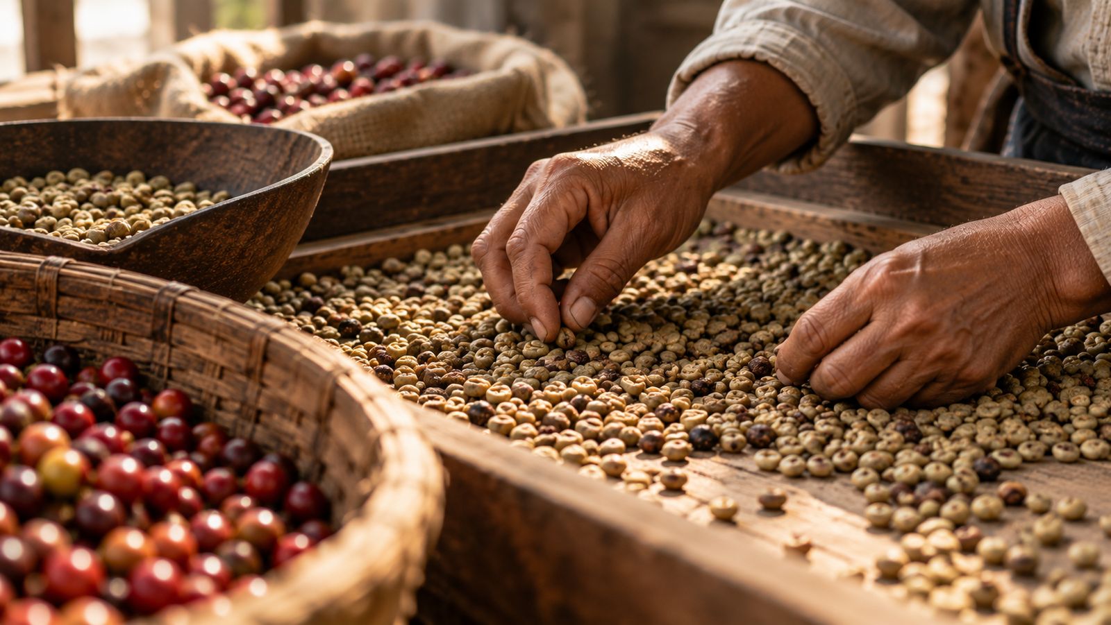 Manos seleccionando granos de café sobre una mesa de madera, junto a un canasto de cerezas
