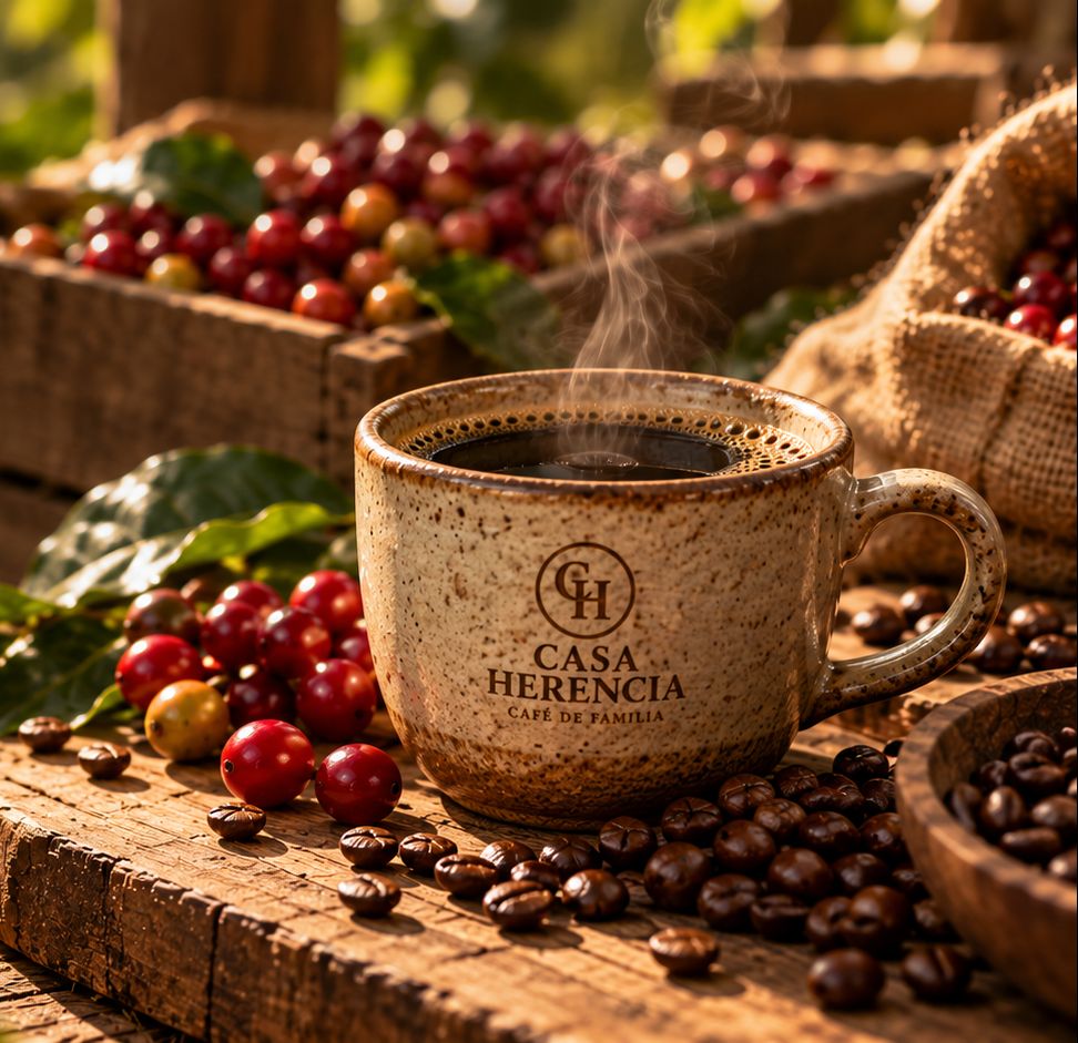 Taza de cerámica Casa Herencia con café recién servido, rodeada de cerezas y granos tostados